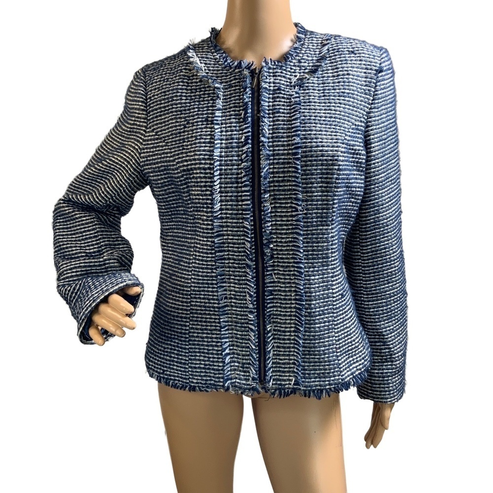 Christopher Banks Blue Frayed Zipper Tweed Jacket Medium Corpcore Twee Aesthetic
